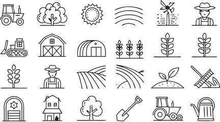 Farmer icons set. Outline set of farmer vector icons for web design isolated on a seamless vector doodle illustration in black and white background