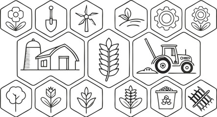 Farmer icons set. Outline set of farmer vector icons for web design isolated on a seamless vector doodle illustration in black and white background