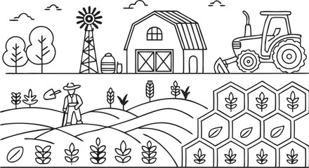Farmer icons set. Outline set of farmer vector icons for web design isolated on a seamless vector doodle illustration in black and white background