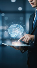 AI Brainpower: Businessman Taps into Artificial Intelligence on Tablet for Innovation, Solutions & Digital Transformation