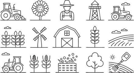 Farmer icons set. Outline set of farmer vector icons for web design isolated on a seamless vector doodle illustration in black and white background