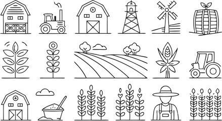 Farmer icons set. Outline set of farmer vector icons for web design isolated on a seamless vector doodle illustration in black and white background