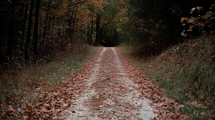 Fototapeta premium Leaf-covered dirt road extends into a dark forest area with dense trees on both sides, exhibiting an autumnal scene.