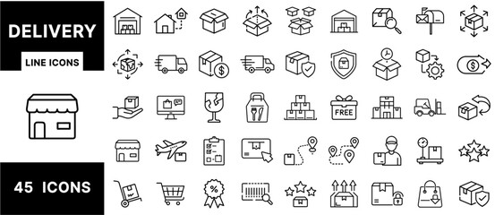 Delivery Line Icons Set – Shipping, Package Tracking, Logistics, Courier Services, Order Fulfillment, E-commerce, Warehousing, Return Policy, Parcel Icons