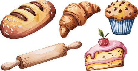 Watercolor illustration of fresh baked goods and baking tools with a slice of cake on white background