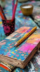 Fototapeta premium A vibrant, artistic journal with colorful pencils and paint splatters, evoking creativity and inspiration on a textured wooden surface.