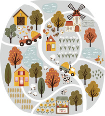 Vector illustration in flat cartoon style. Fun and educational farm map with barn, windmill, animals, tractor, and trees. Isolated on white. Perfect for kids&rsquo; posters, games, and learning tools.
