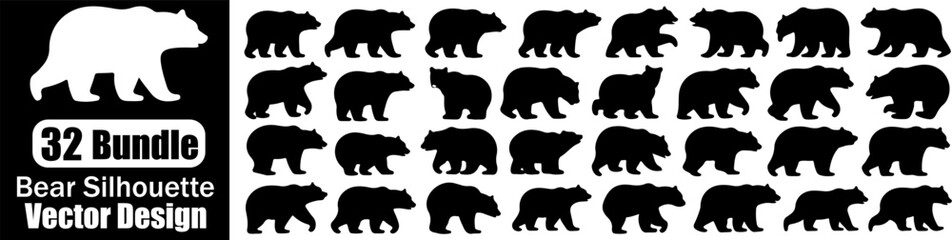 Bear set bundle silhouette and line art vector illustration