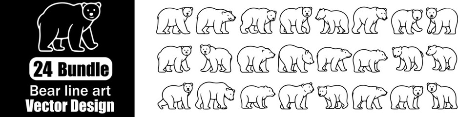 Obraz premium Bear set bundle silhouette and line art vector illustration