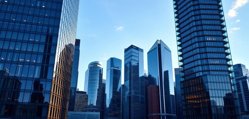 Obraz premium Sleek glass and steel corporate high-rise in city skyline, glass facade, steel structure