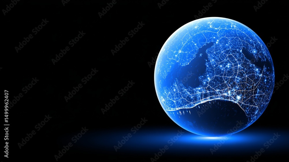 Poster global network connections - abstract glowing blue sphere representing global network connections an