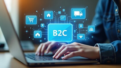 Hands typing on a laptop with a business-to-business concept displayed.