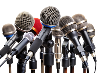 set of microphones ready for the press conference on white background, PNG