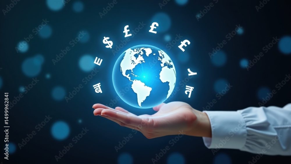 Poster global currency symbols displayed around a digital globe in a hand.