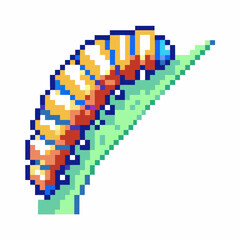 Fototapeta premium Pixel art caterpillar on leaf displaying vibrant colors in retro game