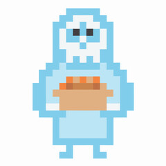Obraz premium Pixel art owl holding brown box, retro video game style, blue and white bird