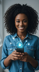 Secure Mobile Banking: Happy Woman Protected by Phone Security & Data Privacy, Using Financial Apps. Data Lock, Encryption, Authentication
