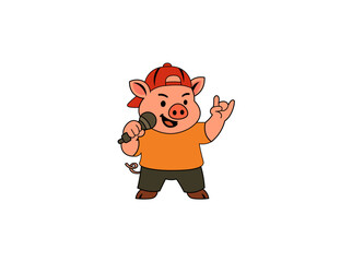 Vector illustration of a cartoon pig holding a hand microphone