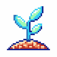 Obraz premium Pixel art seedling plant on soil, 8 bit retro gaming graphic, vibrant digital nature art