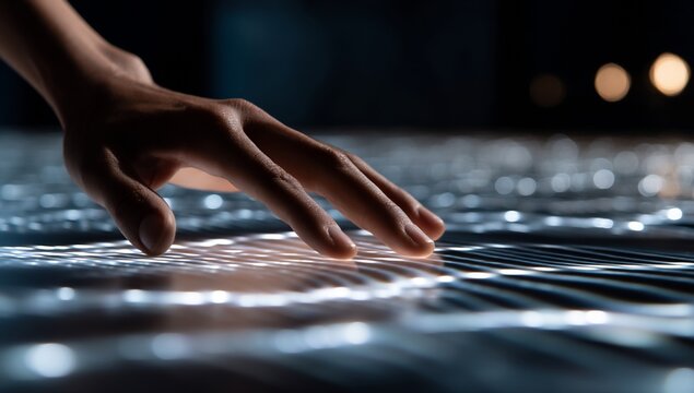 Close-up of a hand hovering over a glowing, interactive surface