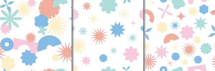 Set of 3 modern patterns with contemporary colorful brutalish geometric shapes