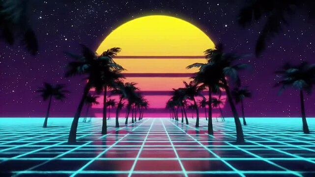A seamless loop animation of a retro 80s-style futuristic landscape, featuring a giant segmented yellow-orange sun setting behind symmetrical rows of silhouetted palm trees.