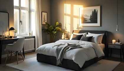 Chic monochrome bedroom with black and white decor, sleek furniture, and dramatic lighting .