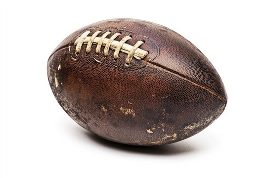 Aged brown leather football on white background