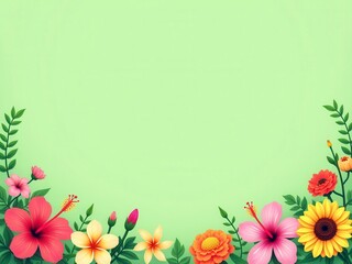 Obraz premium Tropical Flower Border on Green Background