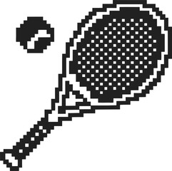 Fototapeta premium Pixelated tennis racket and ball icon in retro black and white graphic