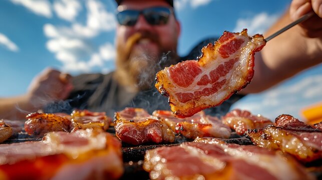 Man grills bacon outdoors, holding a cooked slice on a skewer while other bacon sizzles on the grill under a bright sky.