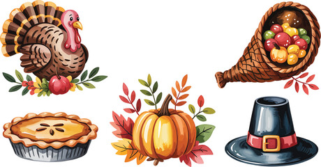 Watercolor thanksgiving elements featuring turkey pumpkin pie cornucopia and pilgrim hat