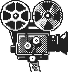 Obraz premium retro pixel art film camera, black and white design vintage cinema, movie equipment illustration