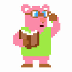 Obraz premium pixelated pink bear with glasses reading a book, retro 8 bit art
