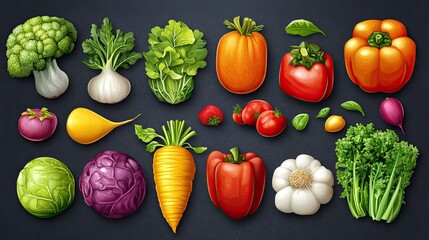 Vegetables and fruits 3D vector cartoon icon set for healthy eating, kitchen, or food-related designs. 