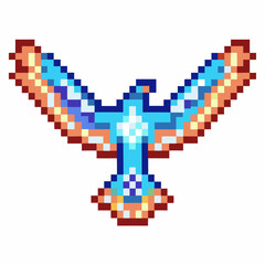 Obraz premium Pixel art eagle with open wings in vibrant blue and orange hues retro gaming and digital art