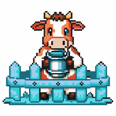 Pixel art cow with milk can behind blue fence charming farm animal in nostalgic retro design