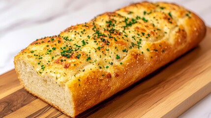 Delicious Homemade Garlic Bread Loaf, freshly baked and ready to serve. Perfect for appetizers, side dish, or snack.
