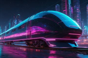 Futuristic train in digital cybernetic galactic galaxy metaverse neon colors city