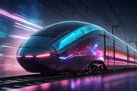 Futuristic train in digital cybernetic galactic galaxy metaverse neon colors city