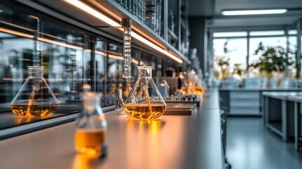 Modern lab with glassware containing yellow liquid, reflecting light