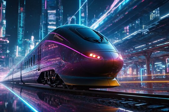Futuristic train in digital cybernetic galactic galaxy metaverse neon colors city