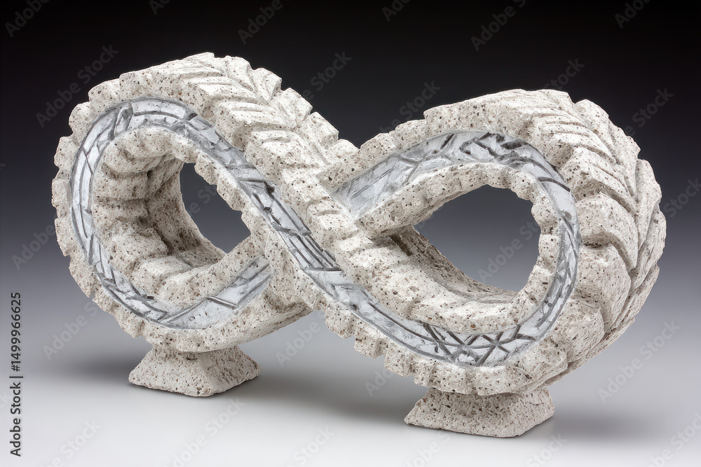Poster this abstract sculpture features an infinity symbol crafted from textured stone with intricate tire 