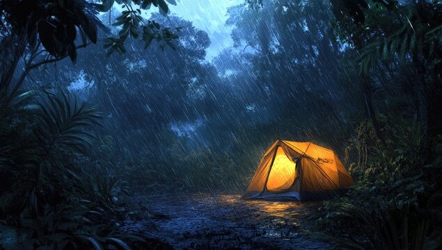 Illuminated tent in a rain-swept jungle