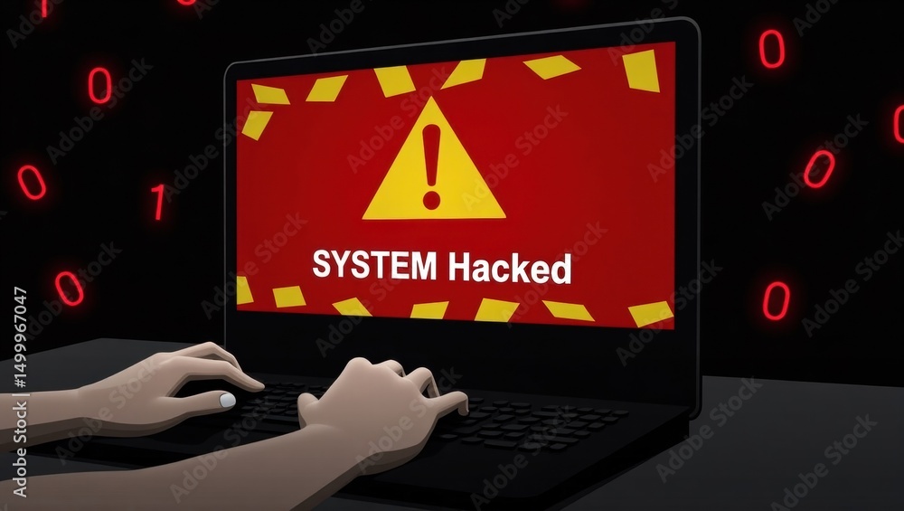 Poster laptop screen displaying a system hacked message.