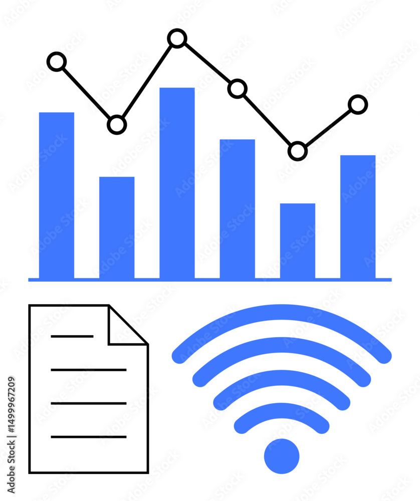 Poster bar chart with trend line, wireless signal, and document symbolize data connectivity, digital networ