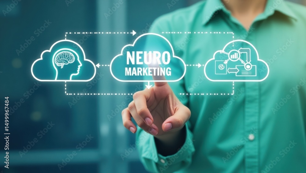 Poster person interacting with a digital interface displaying neuro marketing concepts.