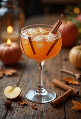 Autumn-inspired cocktail with apple slices and cinnamon on rustic wooden table under cozy lighting Generative AI