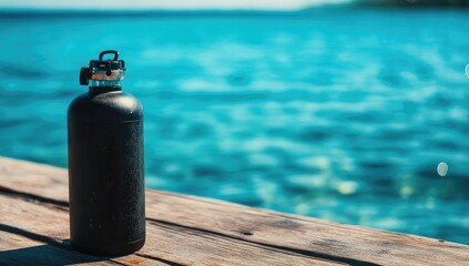 Dark water bottle on dock, ocean backdrop