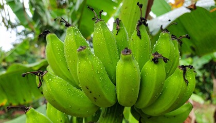 Fresh green bananas on banana tree with morning dew, tropical fruit plantation with wet banana bunch, natural farming scene, organic fruit growth in humid jungle climate, close-up tropical agriculture